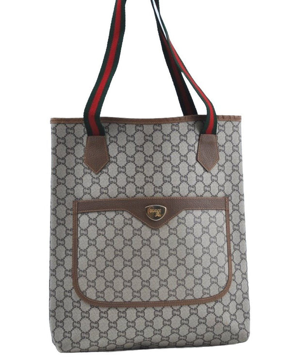Authentic GUCCI Web Sherry Line GG Plus Tote Bag GG PVC Leather Brown K5076