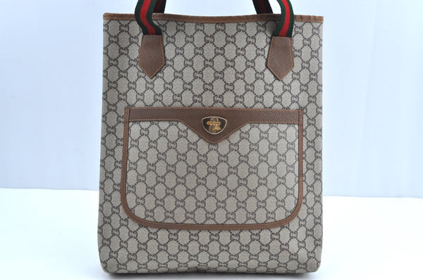 Authentic GUCCI Web Sherry Line GG Plus Tote Bag GG PVC Leather Brown K5076
