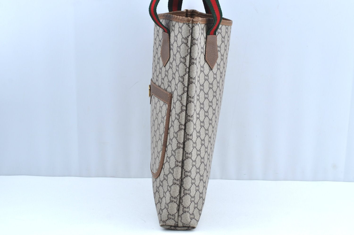 Authentic GUCCI Web Sherry Line GG Plus Tote Bag GG PVC Leather Brown K5076