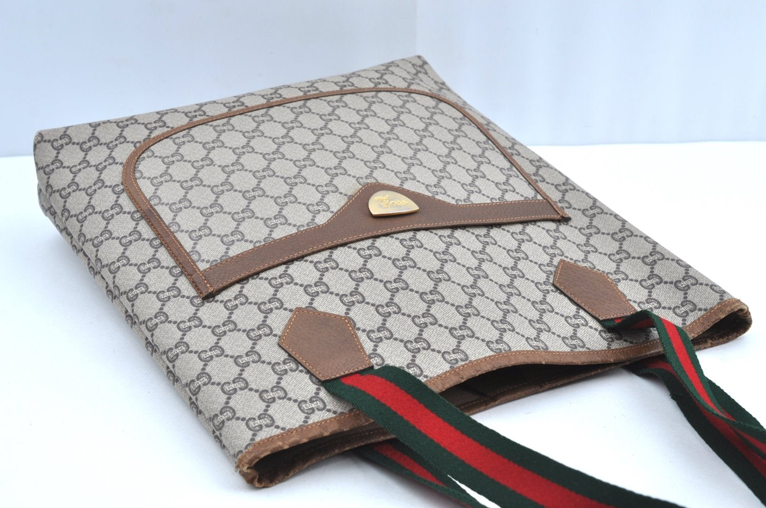 Authentic GUCCI Web Sherry Line GG Plus Tote Bag GG PVC Leather Brown K5076