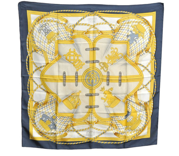 Authentic HERMES Carre 90 Scarf "GRANDE TENUE" Silk Gray Gold K5079