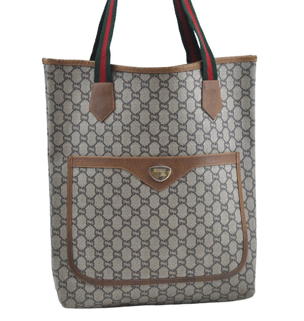 Authentic GUCCI Web Sherry Line GG Plus Tote Bag GG PVC Leather Brown K5081