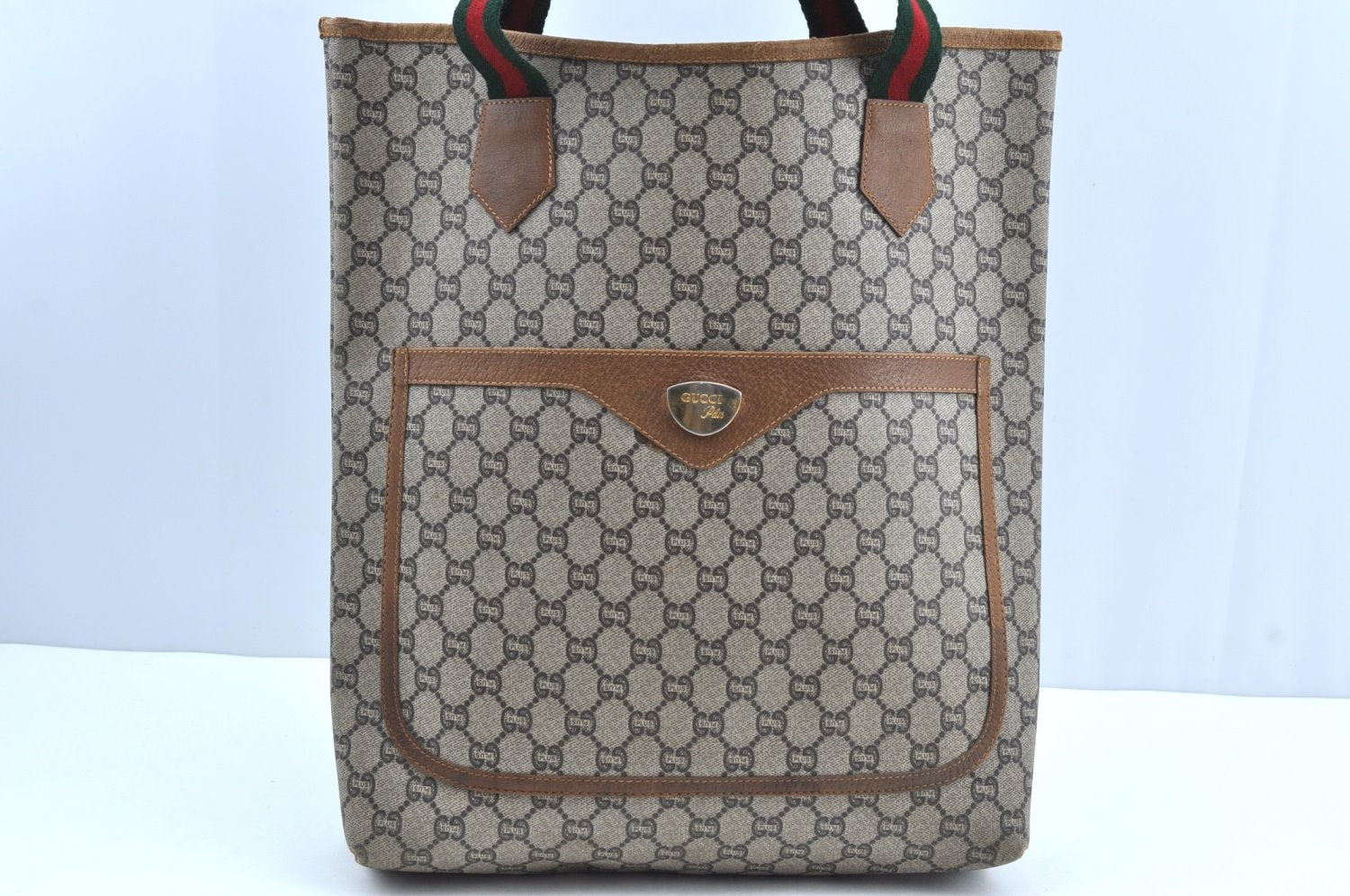 Authentic GUCCI Web Sherry Line GG Plus Tote Bag GG PVC Leather Brown K5081