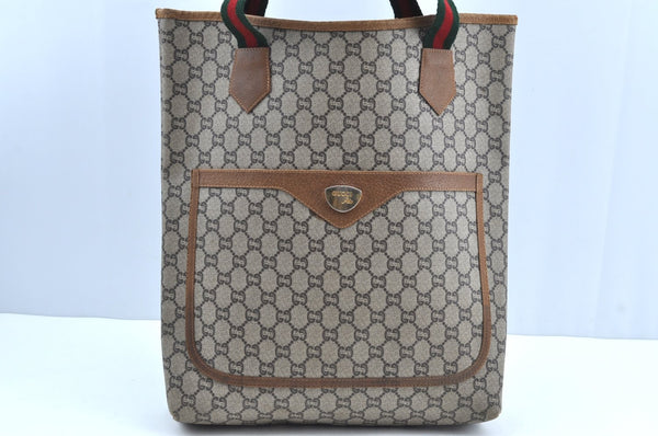 Authentic GUCCI Web Sherry Line GG Plus Tote Bag GG PVC Leather Brown K5081