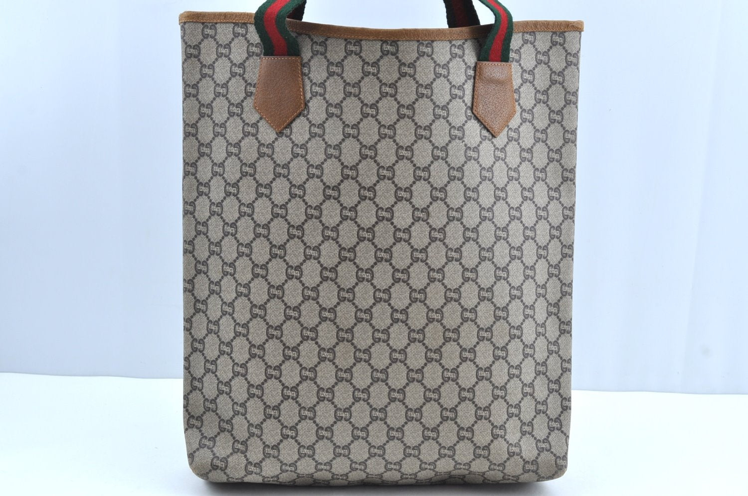 Authentic GUCCI Web Sherry Line GG Plus Tote Bag GG PVC Leather Brown K5081