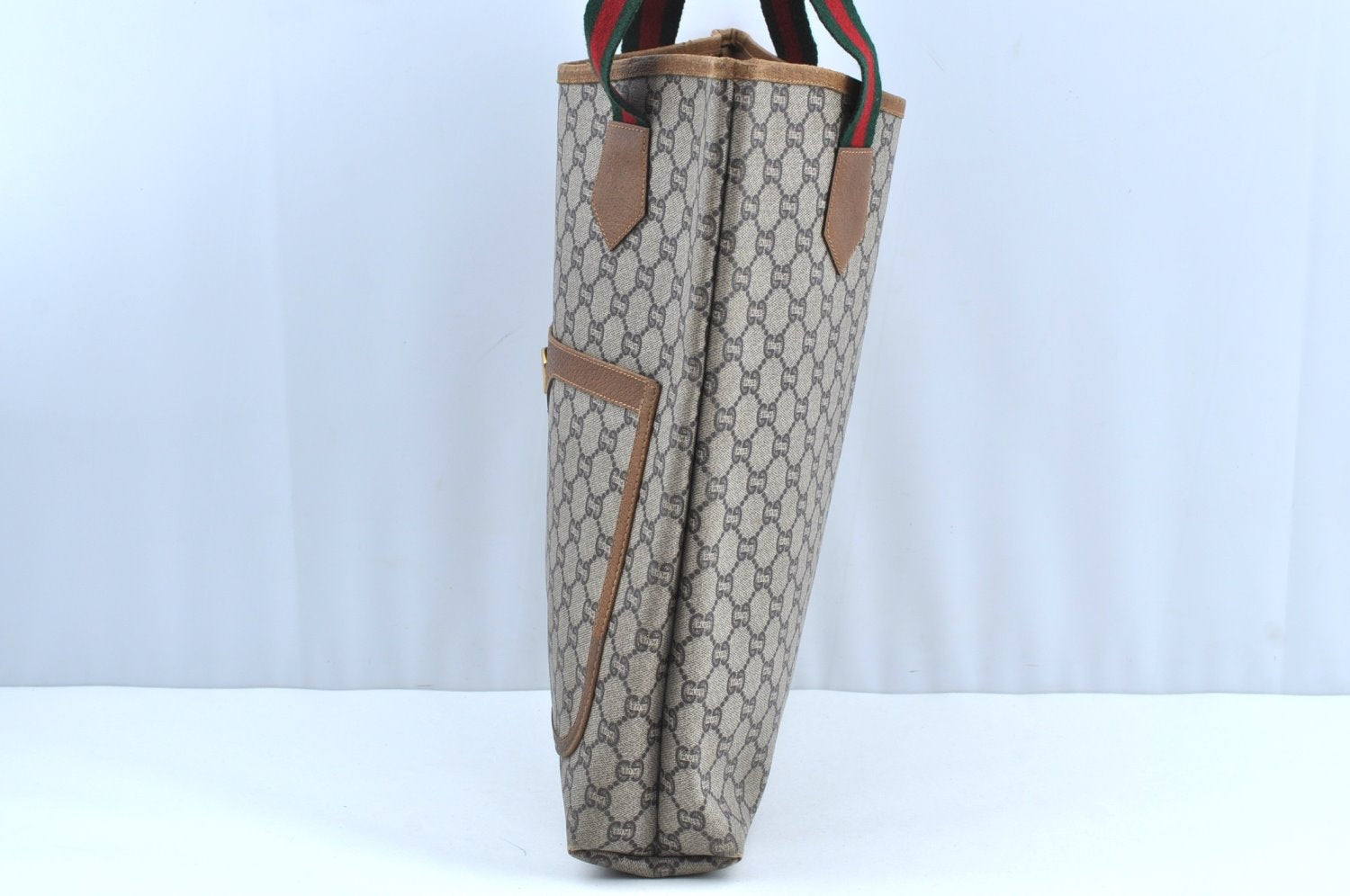 Authentic GUCCI Web Sherry Line GG Plus Tote Bag GG PVC Leather Brown K5081