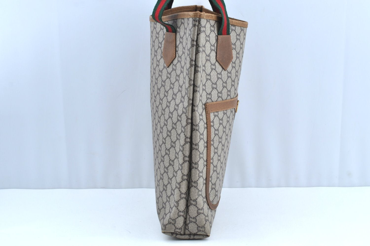 Authentic GUCCI Web Sherry Line GG Plus Tote Bag GG PVC Leather Brown K5081