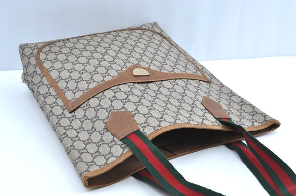 Authentic GUCCI Web Sherry Line GG Plus Tote Bag GG PVC Leather Brown K5081