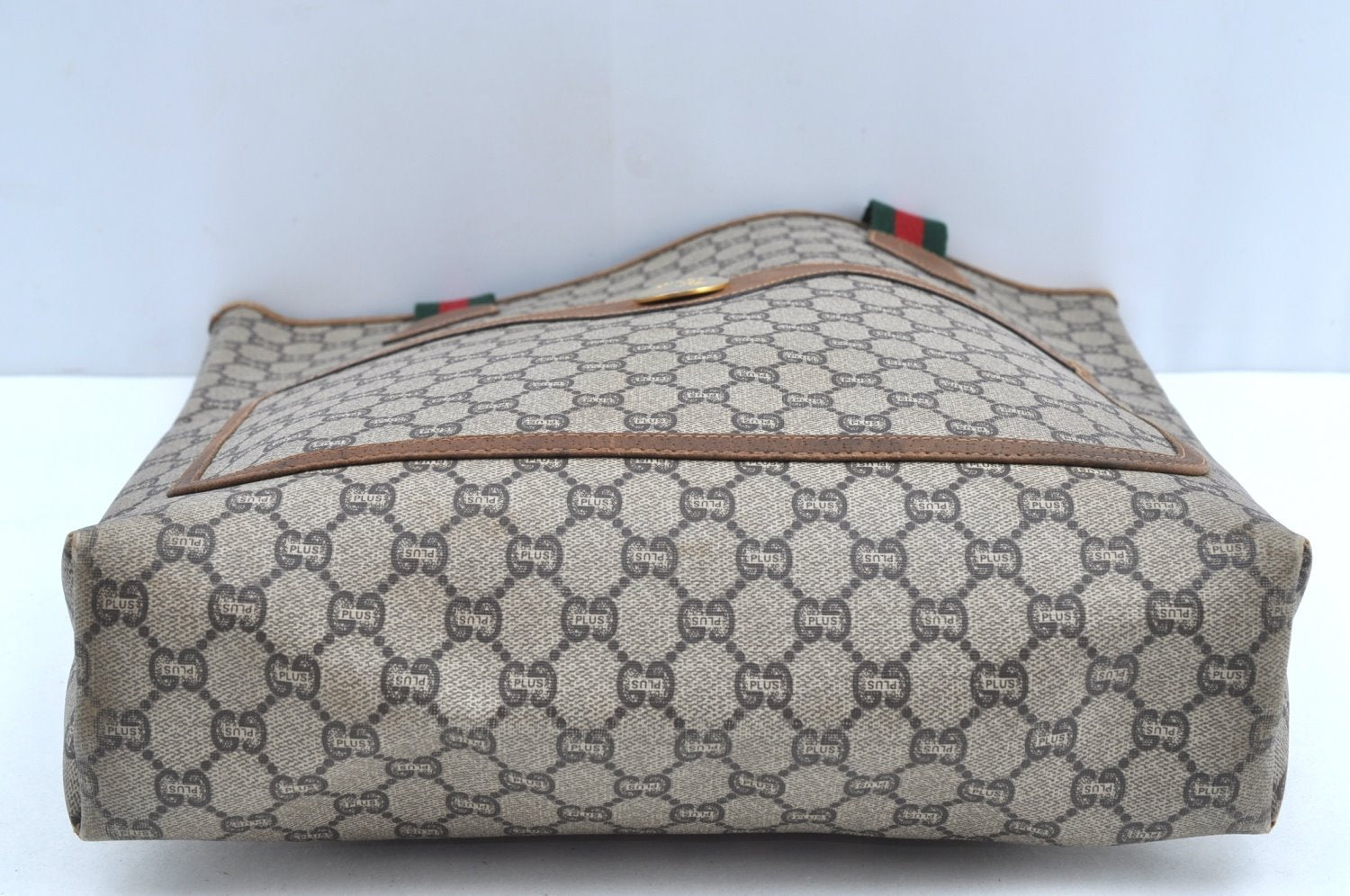 Authentic GUCCI Web Sherry Line GG Plus Tote Bag GG PVC Leather Brown K5081