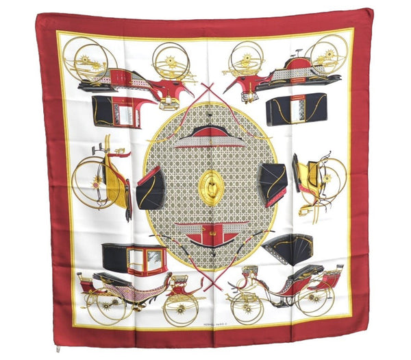 HERMES Carre 90 Scarf "LES VOITURES A TRANSFORMATION" Silk Bordeaux Red K5094