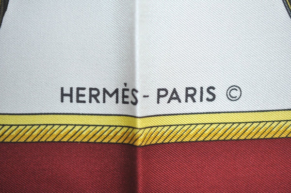 HERMES Carre 90 Scarf "LES VOITURES A TRANSFORMATION" Silk Bordeaux Red K5094