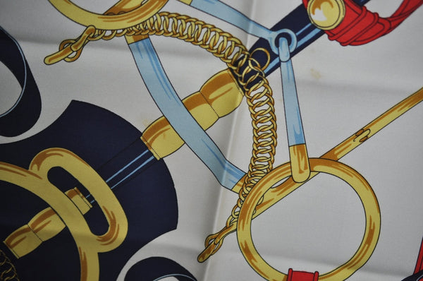 Authentic HERMES Carre 90 Scarf "Eperon d'or" Silk Navy Blue K5124