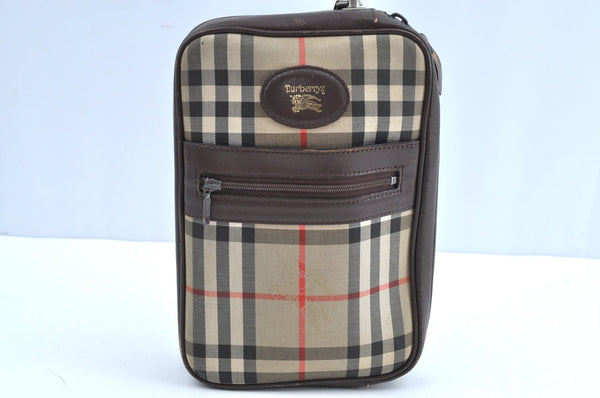 Authentic Burberrys Nova Check Clutch Bag Canvas Leather Beige K5133
