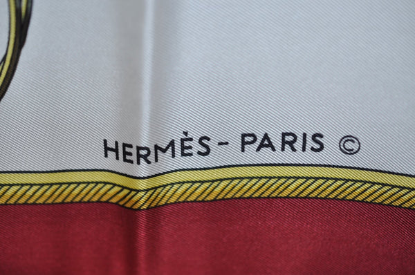 Authentic HERMES Carre 90 Scarf "LES VOITURES A TRANSFORMATION" Silk Red K5139