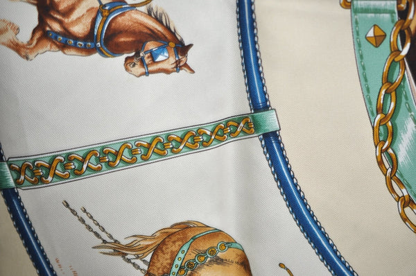 Authentic HERMES Carre 90 Scarf "CHEVAUX DE TRAIT" Silk Beige Blue K5164