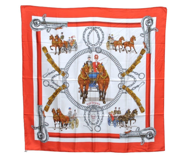 Authentic HERMES Carre 90 Scarf "EQUIPAGES" Silk Red K5168