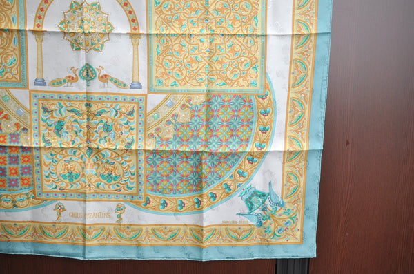 Authentic HERMES Carre 90 Scarf "Ciels Byzantins" Silk Light Blue Yellow K5169