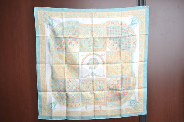 Authentic HERMES Carre 90 Scarf "Ciels Byzantins" Silk Light Blue Yellow K5169