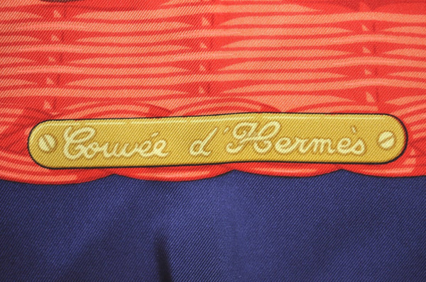 Authentic HERMES Carre 90 Scarf "Couvee d'Hermes" Silk Navy Blue Red Box K5182