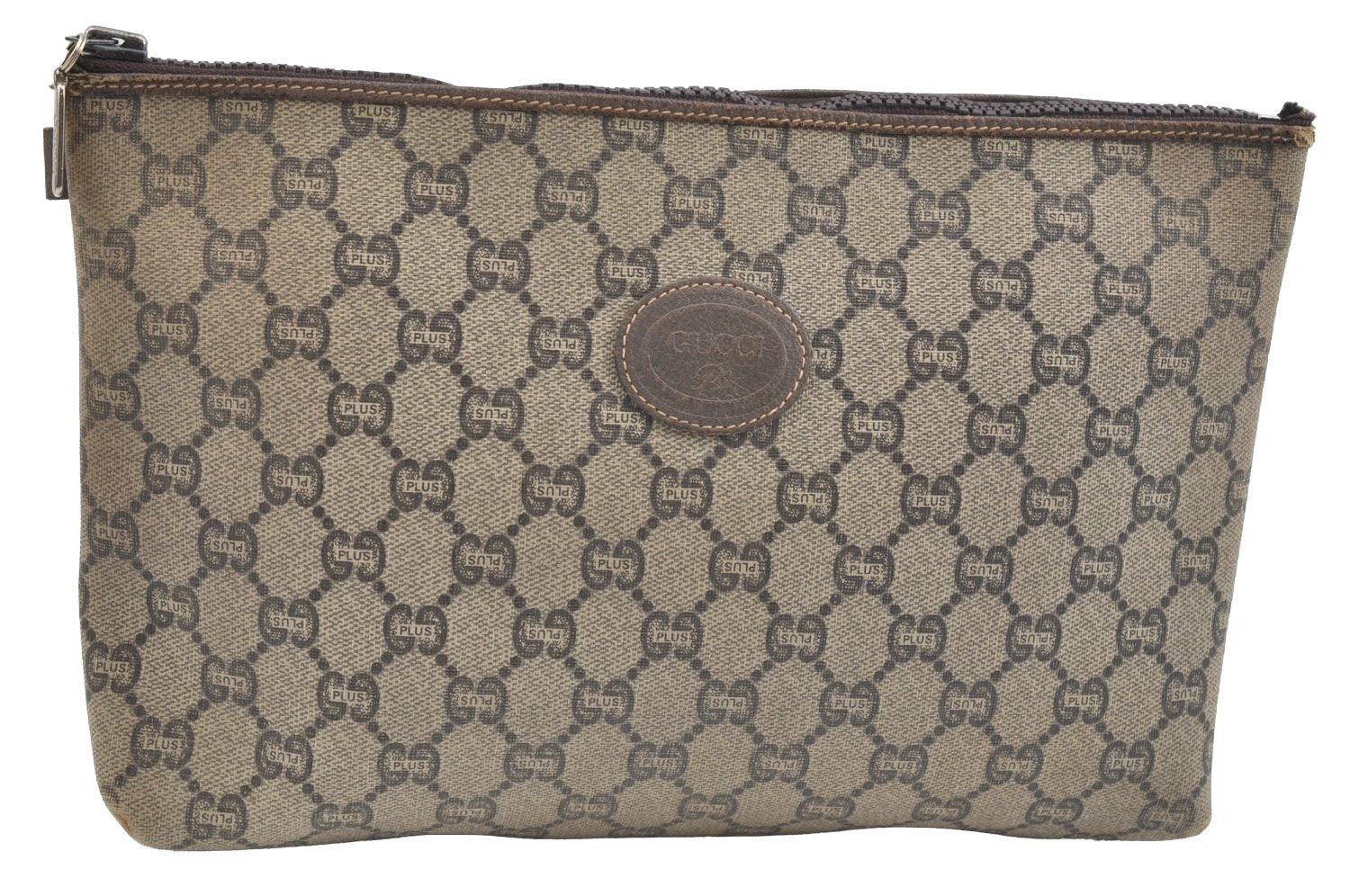 Authentic GUCCI GG Plus Clutch Hand Bag Purse PVC Leather Brown K5183
