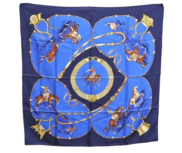 Authentic HERMES Carre 90 Scarf "Pampa" Silk Navy Blue K5200