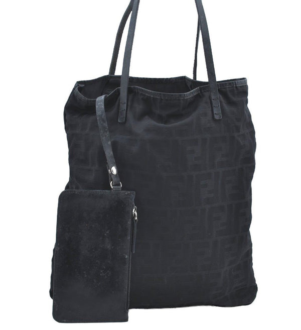 Authentic FENDI Zucca Tote Bag Purse Nylon Leather Black K5203