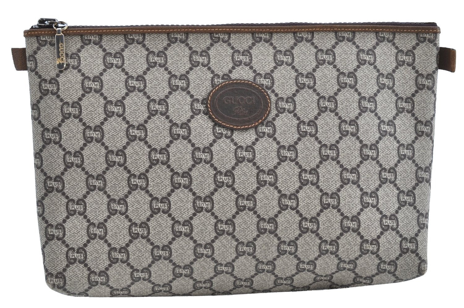 Authentic GUCCI GG Plus Clutch Hand Bag Purse PVC Leather Brown K5214