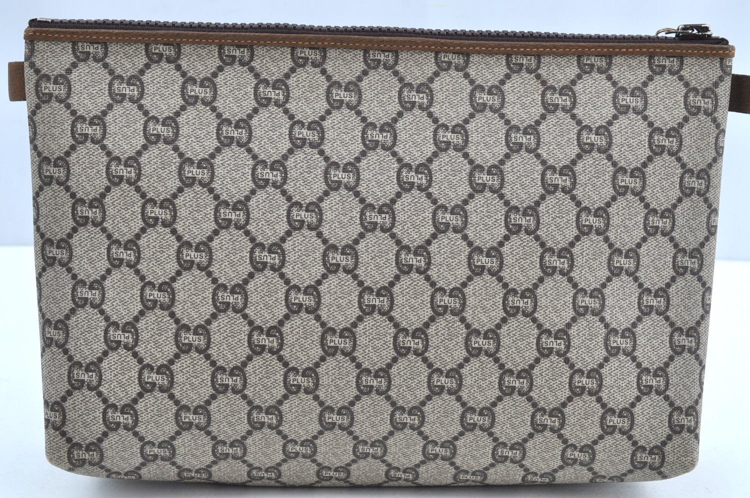 Authentic GUCCI GG Plus Clutch Hand Bag Purse PVC Leather Brown K5214