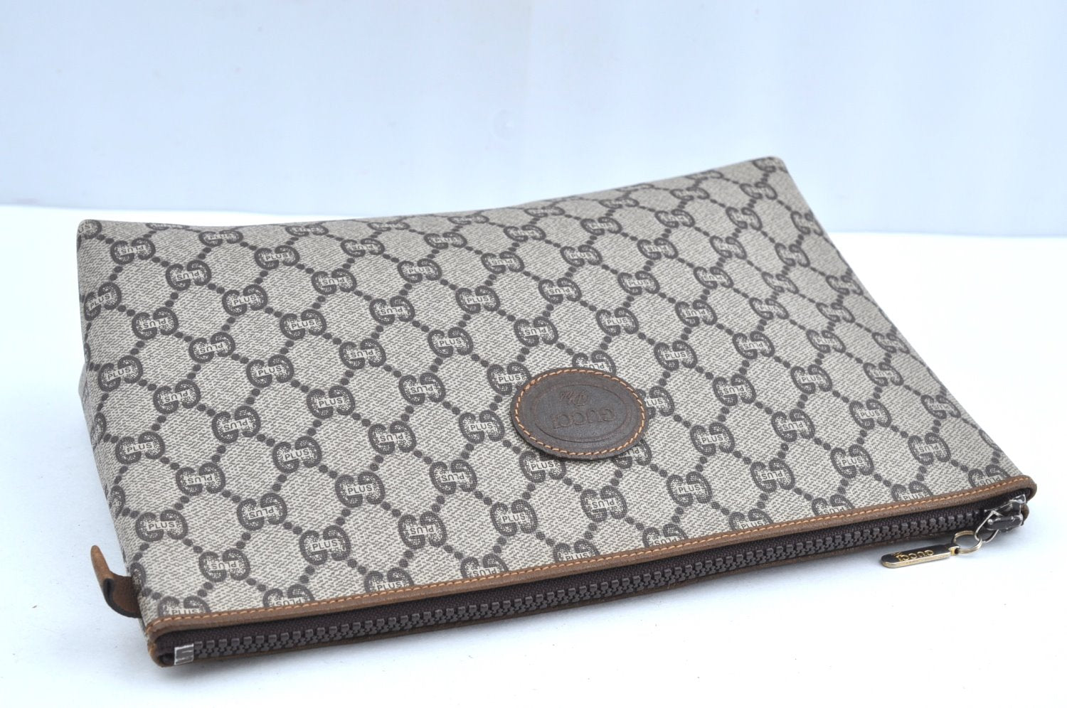 Authentic GUCCI GG Plus Clutch Hand Bag Purse PVC Leather Brown K5214