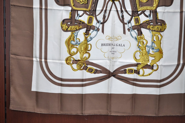 Authentic HERMES Carre 90 Scarf "BRIDES de GALA" Silk Brown K5221