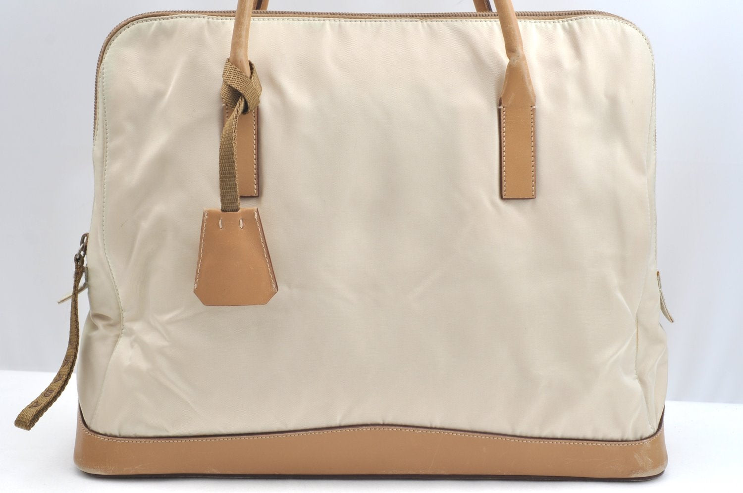Authentic PRADA Nylon Tessuto Leather Shoulder Tote Bag Beige K5225