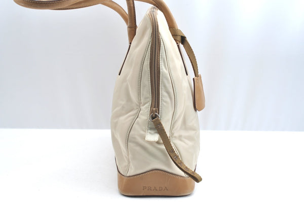 Authentic PRADA Nylon Tessuto Leather Shoulder Tote Bag Beige K5225
