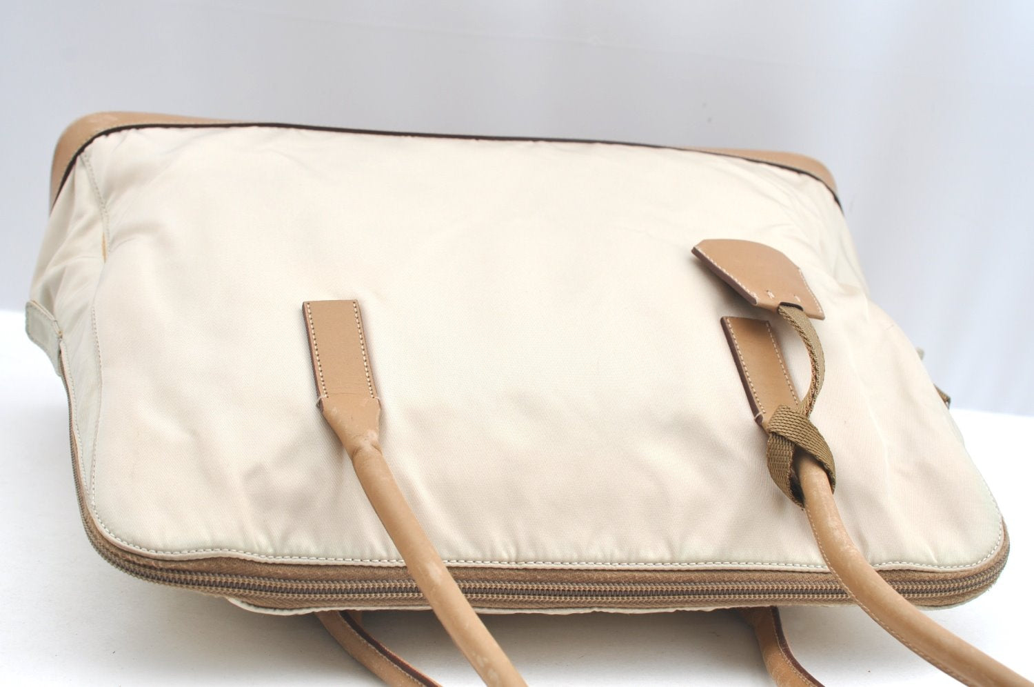 Authentic PRADA Nylon Tessuto Leather Shoulder Tote Bag Beige K5225