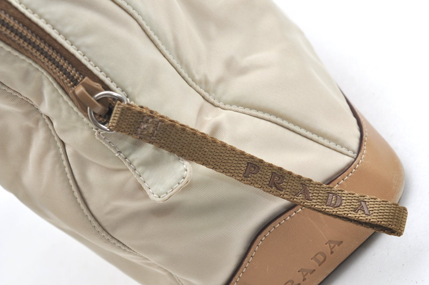 Authentic PRADA Nylon Tessuto Leather Shoulder Tote Bag Beige K5225