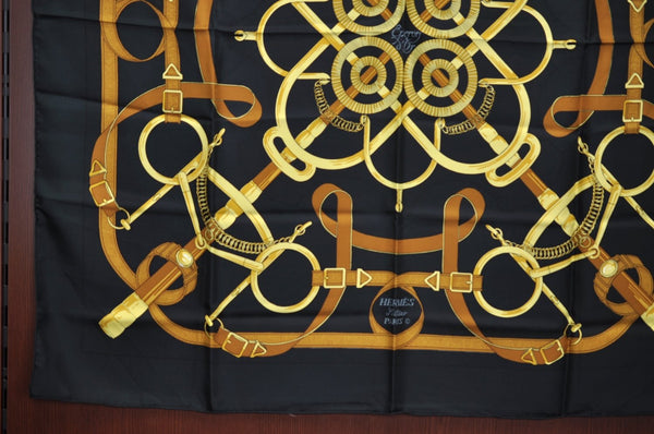 Authentic HERMES Carre 90 Scarf "Eperon d'Or" Silk Black K5233