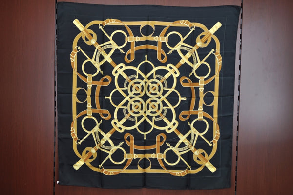 Authentic HERMES Carre 90 Scarf "Eperon d'Or" Silk Black K5233