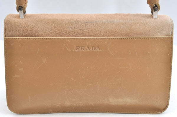 Authentic PRADA Unborn Calf Leather Shoulder Hand Bag Purse Beige K5238