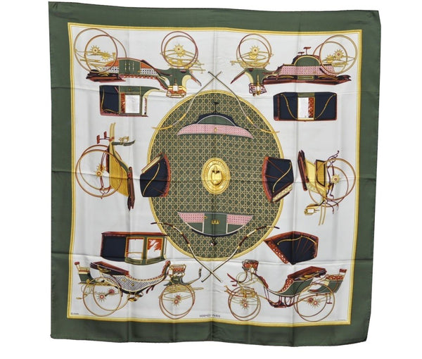 Authentic HERMES Carre 90 Scarf "LES VOITURES A TRANSFORMATION" Silk Green K5261