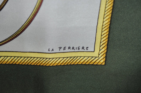 Authentic HERMES Carre 90 Scarf "LES VOITURES A TRANSFORMATION" Silk Green K5261