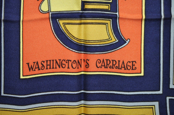 Authentic HERMES Carre 90 Scarf "WASHINGTONS CARRIAGE" Silk Navy Blue K5274