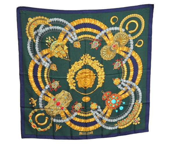 Authentic HERMES Carre 90 Scarf "KOSMIMA" Silk Navy Blue K5295