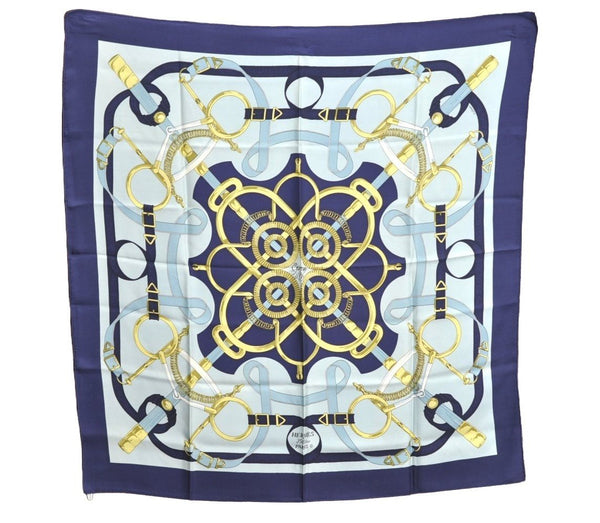 Authentic HERMES Carre 90 Scarf "Eperon d'or" Silk Navy Blue K5296