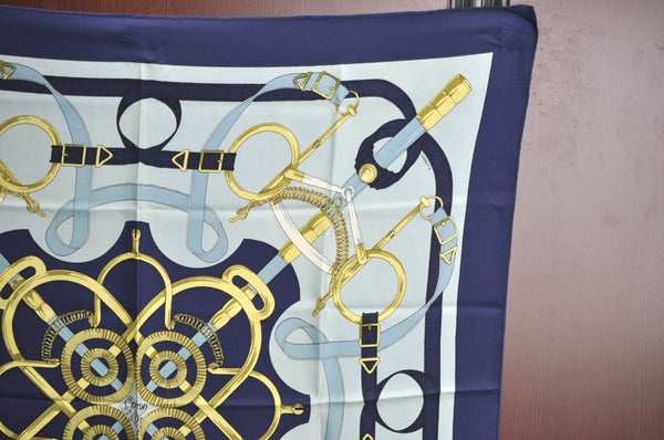 Authentic HERMES Carre 90 Scarf "Eperon d'or" Silk Navy Blue K5296