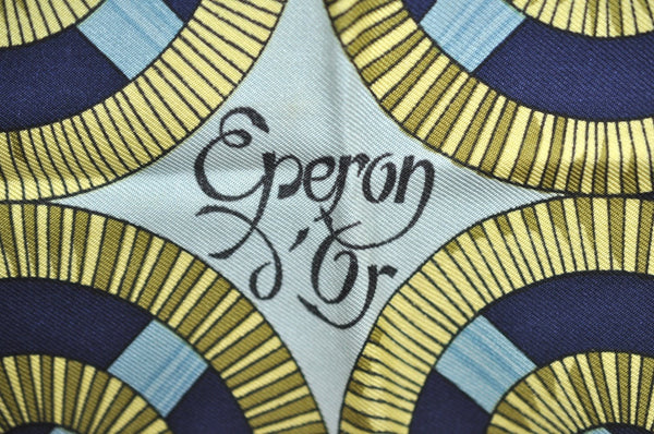 Authentic HERMES Carre 90 Scarf "Eperon d'or" Silk Navy Blue K5296