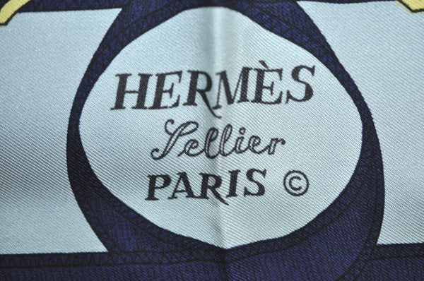 Authentic HERMES Carre 90 Scarf "Eperon d'or" Silk Navy Blue K5296