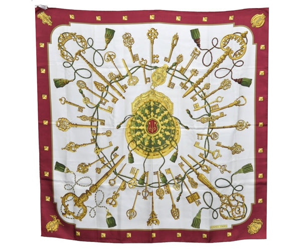 Authentic HERMES Carre 90 Scarf "Les Cles" Silk Bordeaux Red K5297