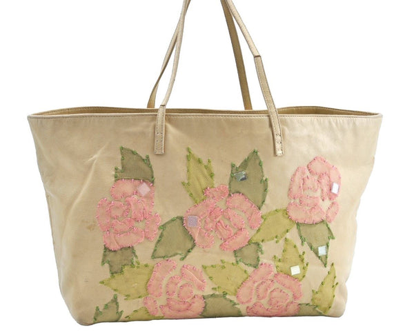 Authentic FENDI Flower Motif Bijou Leather Shoulder Tote Bag Beige K5326