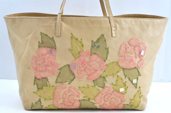 Authentic FENDI Flower Motif Bijou Leather Shoulder Tote Bag Beige K5326