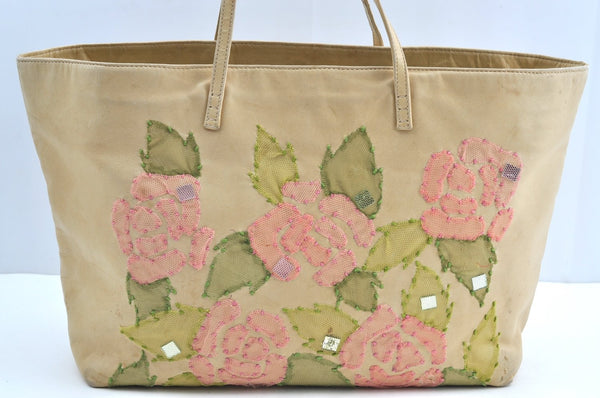 Authentic FENDI Flower Motif Bijou Leather Shoulder Tote Bag Beige K5326