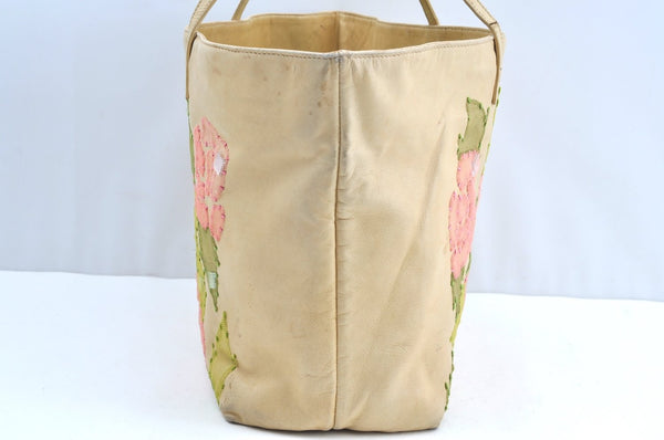 Authentic FENDI Flower Motif Bijou Leather Shoulder Tote Bag Beige K5326